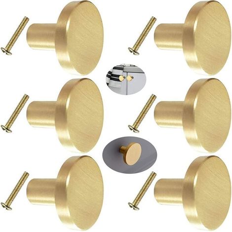 Round Solid Brass Door Handle, 6 Pieces Furniture Handle, Round Brass Cabinet Door Knob with Screws for Wardrobe Doors, Closet Doors and Dresser Drawers (20mm x 28mm) (1/5)