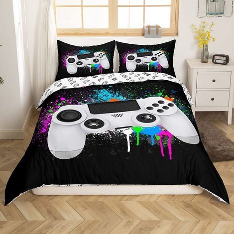 Parure de lit multicolore avec housse de couette Motif manette de jeu Pour garçons, adolescents, salle de jeux, housse de couette 155 x 220 cm (1/5)