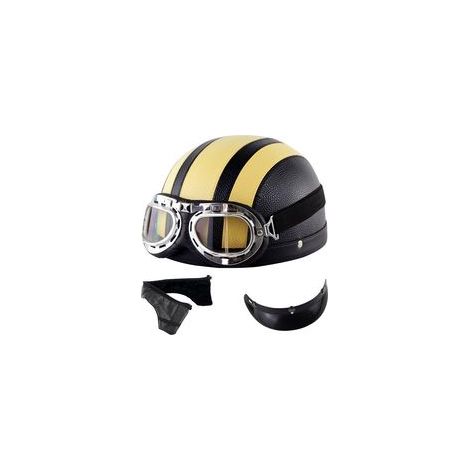 Ensemble noir et jaune Demi-casque moto vintage en cuir avec lunettes (1/3)