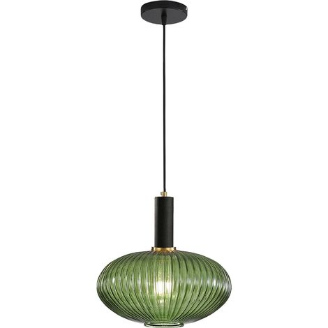Suspension Moderne en Verre Strié avec Douille E27, Luminaire Suspendu pour Îlot de Cuisine, Salle à Manger, Chambre (Vert, 30cm) (1/5)