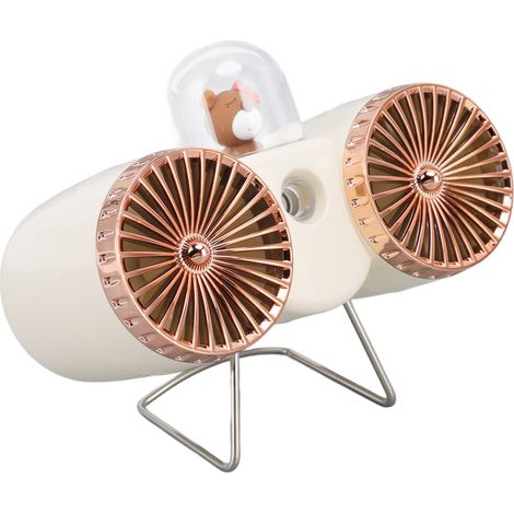 Ventilateur de bureau USB à double pale, design ours, 3 vitesses, ventilation puissante, chargement USB, veilleuse, blanc. Idéal pour la maison, le bureau ou une chambre d'étudiant. (1/5)