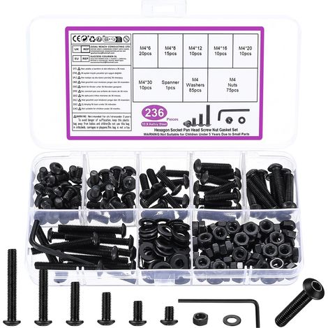 236 Pcs M4 Jeu de Vis et Écrous, Vis Boulon et Écrous à Tête Hexagonale Noir Vis à Tête Hexagonale Ronde et Écrous et Rondelles Assortiment Kit，et Clés，Acier Au Carbone Vis à Six Pans Creux à Tête (1/5)