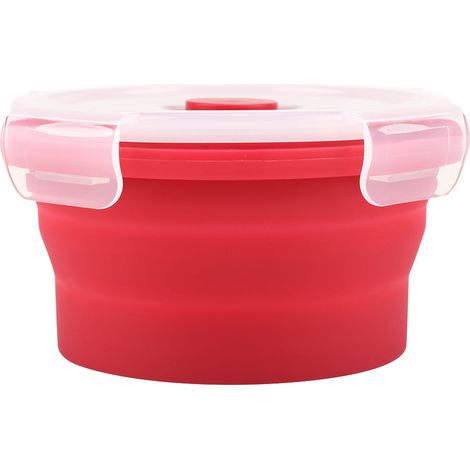 Boîte repas pliable en silicone rond 350 ml, récipient alimentaire micro-ondable rouge. (1/5)