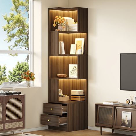 Étagère d'angle en forme de L, 45 x 43,5 x 180 cm, avec éclairage pilotable via application, design à plusieurs niveaux, grand rangement, meuble autoportant, finition marron. (1/5)