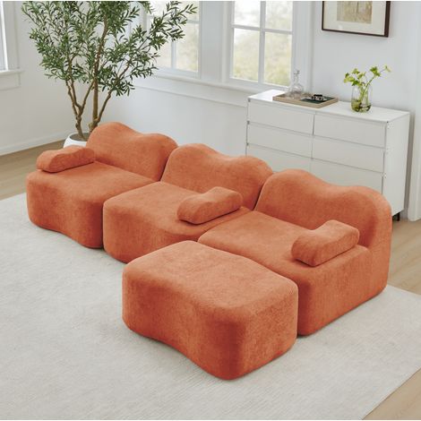 Canapé d’angle modulaire 3 places en velours orange avec ottoman, assise profonde, sans cadre (1/5)