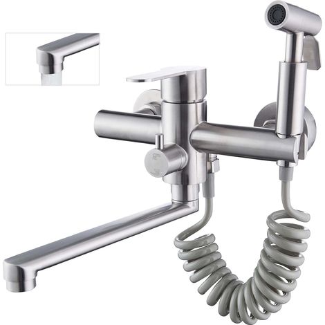 Robinet de cuisine mural , robinet de cuisine pivotant à 360° de 8 pouces avec pistolet pulvérisateur résistant à la chaleur , robinet de cuisine mural facile à installer , longueur du bec 23 cm , nic (1/5)
