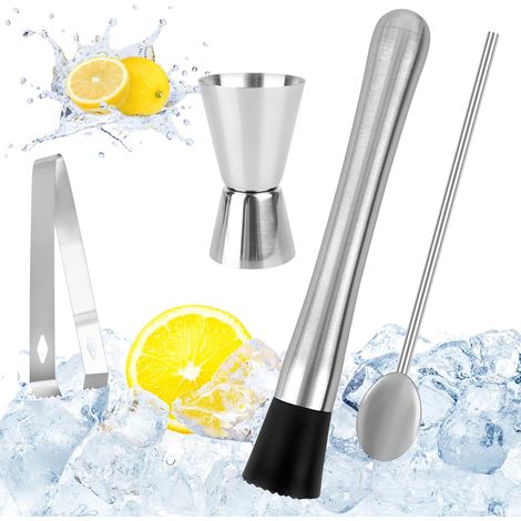 Masticador de cócteles de acero inoxidable con cuchara para cócteles, juego de barman, agitador de mojito, triturador de hielo, agitador de cócteles, coctelera con taza medidora, accesorios de barra d (1/5)