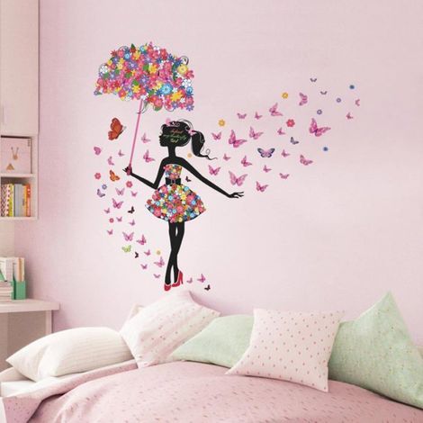 Sticker Mural Fée Fleur - Décoration Chambre Enfant - Papillon Parapluie - 2 Feuilles 30 cm × 90 cm (1/5)