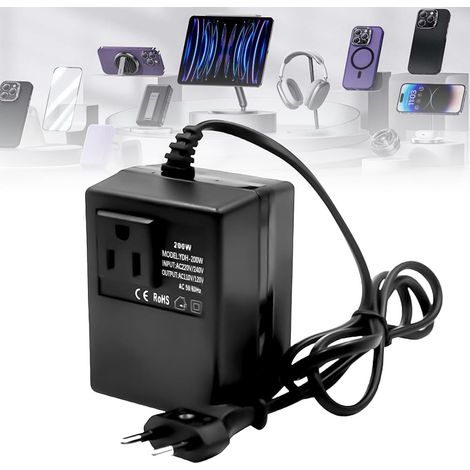 Transformateur de tension 220 V vers 110 V, 200 W, adaptateur d'alimentation étape vers le bas, adaptateur de courant de voyage avec prise européenne pour purificateurs d'air, mini caméras (1/5)