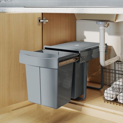 Ausziehbarer Einbaumülleimer 2x20L mit Deckel grau OKMYHOME (1/5)