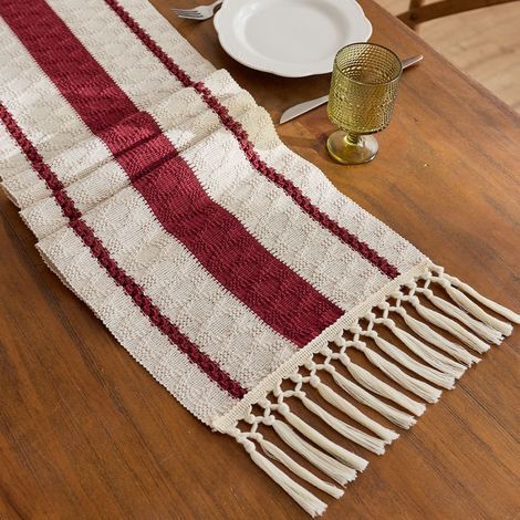 Rouge 30x300cm Chemin de table en coton et lin à blocs de couleur, orné de pompons ajourés noués, longue nappe décorative pour meuble TV de salon, table basse, set de table. (1/5)