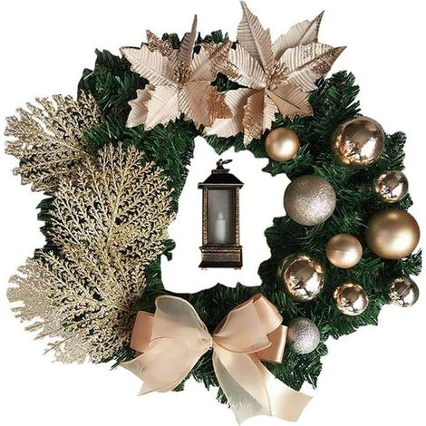 Couronne de Noël artificielle couleur champagne 25 cm, idéale pour décorer une cheminée, une porte, un mur ou une fenêtre. (1/5)
