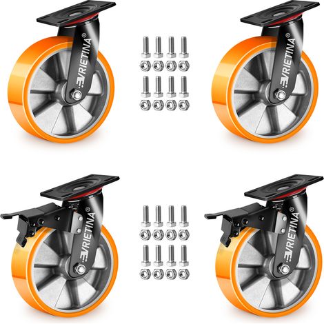 Lot de 4 Roulettes Pivotantes, 2 Pivotantes + 2 Roulettes à Frein Ø150 mm, 1350Kg, Lourde Rotation à 360°, avec Noyau en Aluminium Roulettes Caoutchouc, Roulettes Industrielles Robustes