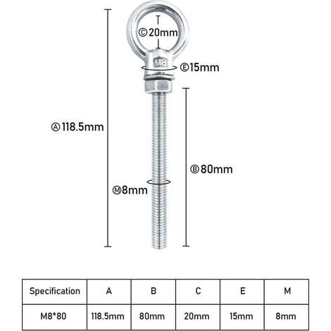 Boulons à oeil M8 x 80 mm Vis à Anneau M8 avec filetage métrique en acier inoxydable pour Fixation et Suspension, 6 pièces (1/3)