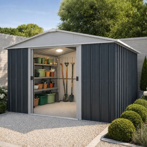 Abri de jardin métal anthracite Yardmaster 11,03 m² + kit d'ancrage + Lampe magnétique portable (1/5)