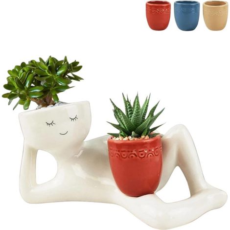 Irovami Pot fleurs visage souriant – résine, drainage, succulentes, rouge (1/5)