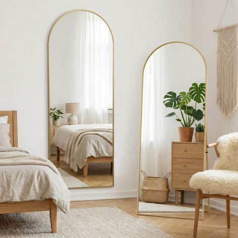 Grande specchio da terra 164x54cm, arco, specchio da parete o da appoggio, cornice in alluminio e vetro temperato HD, per camera da letto e ingresso, stile scandinavo moderno(164x54cm, Oro)