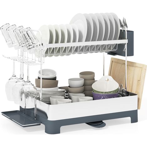 COSTWAY 2 Tier Dish Rack with Cutlery Organizer and Rotatable Spout (1/5)