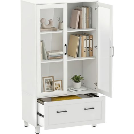 HOMCOM archivador vertical con puertas de cristal y cajón, 3 estantes y barras ajustables para archivos tamaño a4, carta y legal, 75x40x141 cm, blanco (1/5)