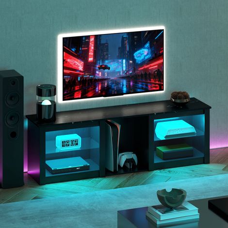 TV-Ständer mit LED-Beleuchtung für Fernseher bis zu 65 Zoll (160 cm) mit verstellbaren Glasböden, schwarz