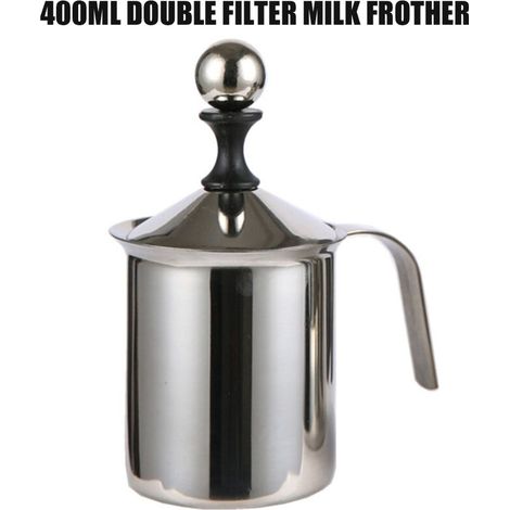 VURAHOME - Mousseur à lait portable à double maille pour mousseur à lait Cappuccino Mousseur à lait avec couvercle en acier inoxydable Capacité de 400 ml/14,1 oz (1/5)
