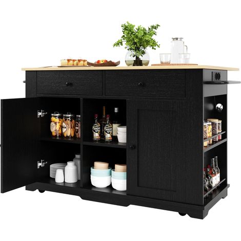Carrello da Cucina con 2 Cassetti e 6 Vani, Piano Pieghevole e Prese, MDF Metallo, Nero Naturale, 151,5 x 59,7 x 91,7 cm (1/5)