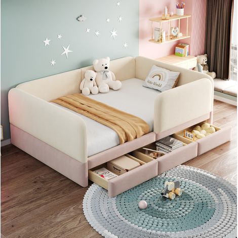 Cama infantil con arcón 140x200 cm con 3 cajones de almacenamiento, contorno acolchado de seguridad, terciopelo beige y rosa (1/5)