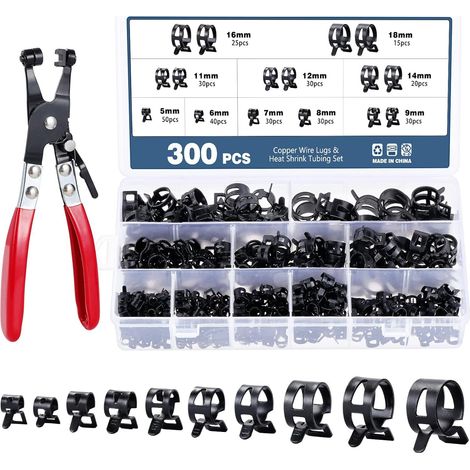 300 Pièces Collier de Serrage à Ressort, 10 Tailles 5-18mm Clips à Ressort, Serre-Joints pour Tuyaux et Conducteurs de Carburant