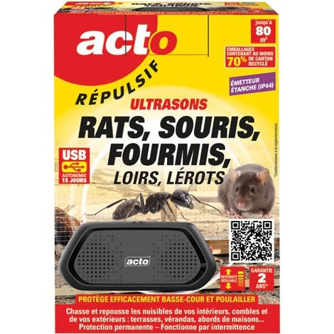 Répulsif ultrasons pour rats, souris, fourmis – Technologie ultrasonique avancée – Portée 80 m² – Autonomie 15 jours – Étanche IP44 – Acto (1/10)