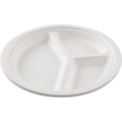 Assiette ronde blanche à 3 compartiments en canne à sucre Ø 26 cm - 800 unités - Betik