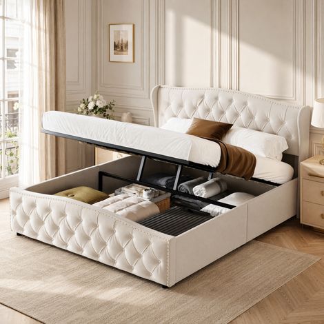 Lit coffre adulte 140x190 cm avec rangement hydraulique, Cadre de lit 140x190 avec sommier et tête de lit rivet, Lit chesterfield en velours, Beige (1/5)