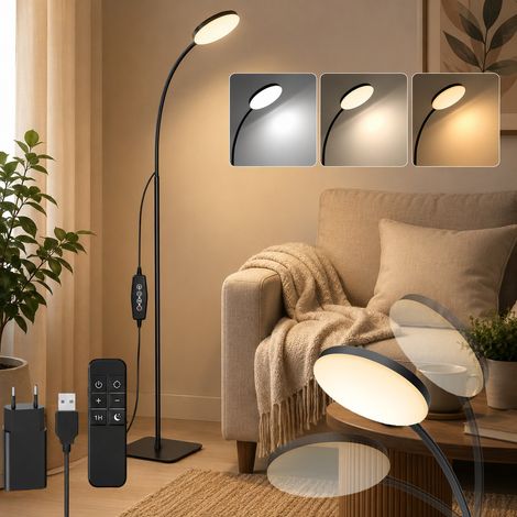 HEMVOR Lampadaire LED sur pied dimmable 10 W, 3 températures 3000-6000 K, 10 niveaux, tête ronde 16 cm, télécommande, adaptateur UE, noir