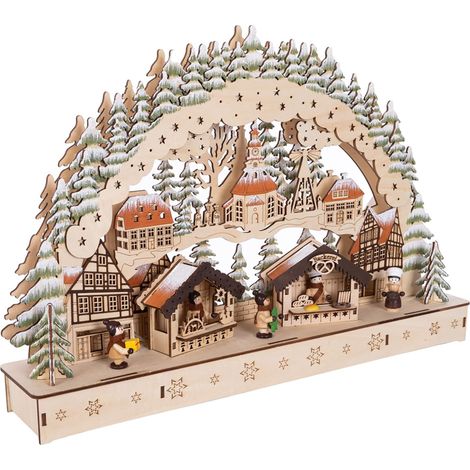 LED Holz Schwibbogen 44 x 30 cm - Motiv: Wintermarkt - Lichterbogen mit Weihnachtsmotiv - Weihnachtsdeko Tischdeko Fensterdeko Weihanchten Advent Winter Deko Batterie betrieben