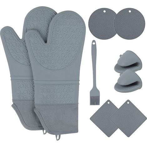 Set Maniques et Gants Four Silicone, Résistant Chaleur 250°C  Kit 9 pièces complet : 2 gants, 4 maniques (rond/carré), 2 mini-gantelets et brosse nettoyage, idéal pâtisserie et BBQ (1/5)