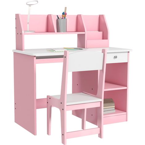 Bureau enfant avec chaise ergonomique tablette clavier tiroir rangements 90x45x90 cm rose (1/5)