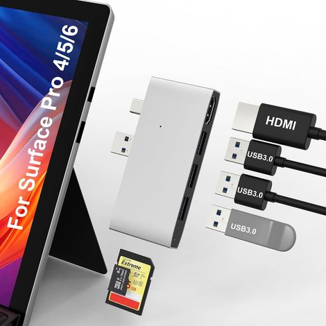 Station d'accueil Surface Pro 6/Pro 5/Pro 4 Hub USB - USB3.0 3 Surface Adaptateur de Moniteur Multiport pour Station avec HDMI 4K, Lecteur de Cartes SD/TF pour Surface Pro 6/5/4 (1/5)