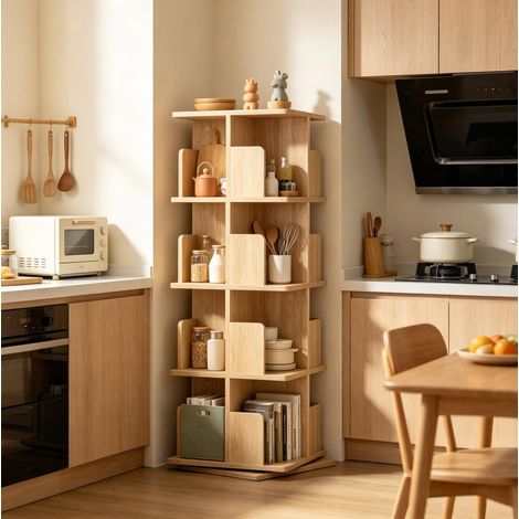 MEUBLIV Bibliothèque rotative 4 niveaux chêne clair 39,5x39,5x128 cm 16 compartiments (1/4)