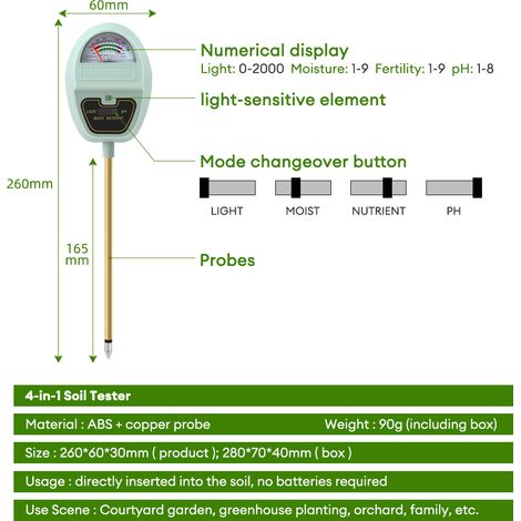Misuratore di pH digitale LCD 4 in 1 per fertilità del suolo, umidità, luce e nutrienti attrezzo da giardino pieghevole a 90° per la coltivazione di piante in sistemi idroponici. (1/5)
