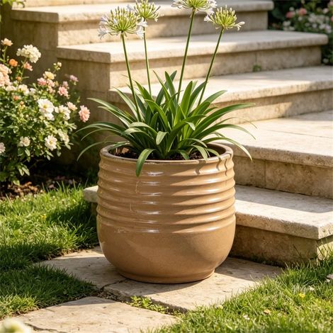 Pot de fleurs en céramique - 36x36x31 cm - Cache-pot artisanal extérieur jardin terrasse motif vagues grand modèle - Brun Clair (1/5)