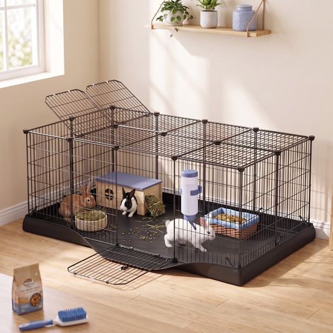 Cage à hamster, Cage à Lapin, 20 Panneaux, Tapis Imperméable, Double Porte, Noir (1/5)