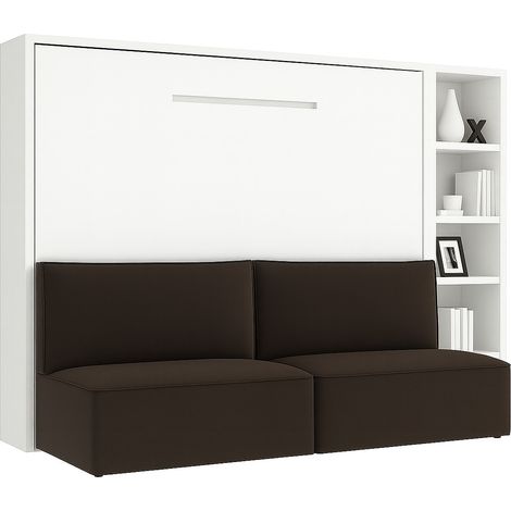 Lit escamotable horizontal LOGIA Marron lit+canapé+étagère-120x200-Canapé Marron-Structure Blanche-Version lit+canapé+étagère (1/5)