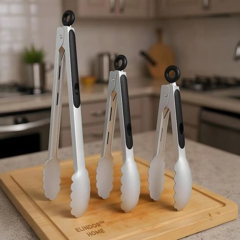 Set di 3 pinze da cucina, manico ergonomico in silicone, antiscivolo, con anello di bloccaggio, resistenti al calore, ideali per grigliare/servire/insalate, in acciaio inossidabile alimentare da 1 mm, (1/5)