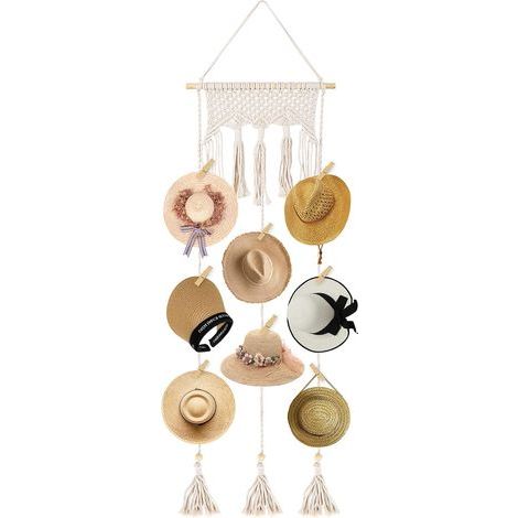 Porte-chapeaux mural en bois avec 10 pinces et pompons (1/5)