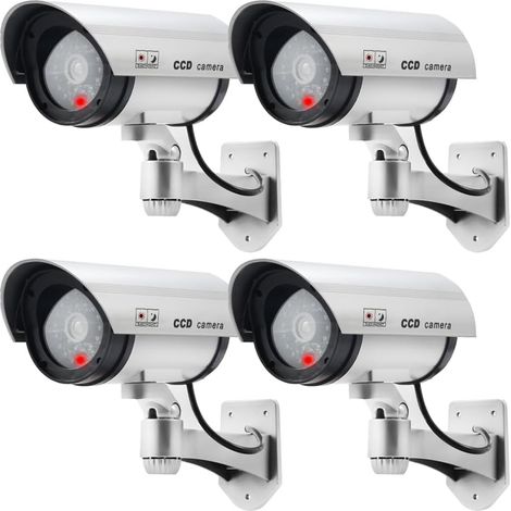 Attrappe einer Überwachungskamera für den Innen- und Außenbereich, Dummy-CCTV-Kamera mit blinkender roter LED (Silber, 4 Stück)
