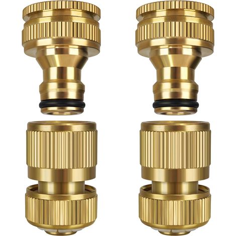 Set di 4 connettori per tubo da giardino in ottone massiccio, connettore per rubinetto 2 in 1, raccordi da 1/2" e 1/4", adattatore per rubinetto (1/4)