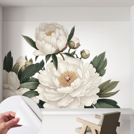 Selbsthaftend Tapete für Wohnzimmer Schlafzimmer Küche - Wanddekoration  Weiße Pfingstrosen 152x104 cm (1/5)