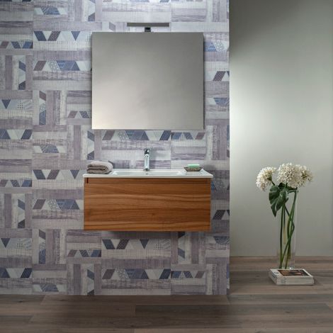 Mobile Bagno 100 cm Sospeso Teak con Cassetto Lavabo e Specchio (1/5)