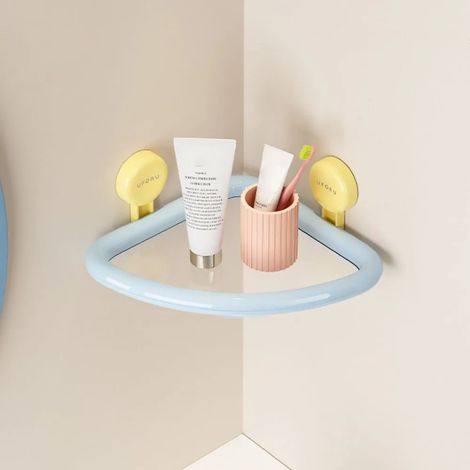 Étagère triangulaire à ventouses en plastique bleu, organisatrice de douche murale couleur dopamine, avec système de drainage et sans perçage, étagère de rangement d'angle. (1/5)
