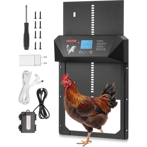 VEVOR Porta Automatica per Pollaio, Porta per Pollaio Alimentata a Corrente Continua e a Batteria con Display LCD, Sensore di Luce, Timer, Sicurezza Anti-Pizzicamento, Lega di Alluminio