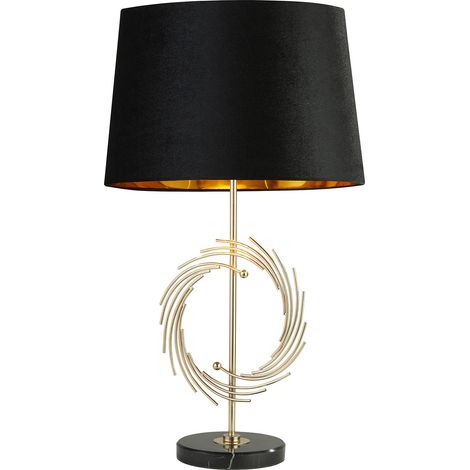 Lampada Da Scrivania Romano Marmo Nero Metallo Oro Tessuto Nero 1 Luce E27